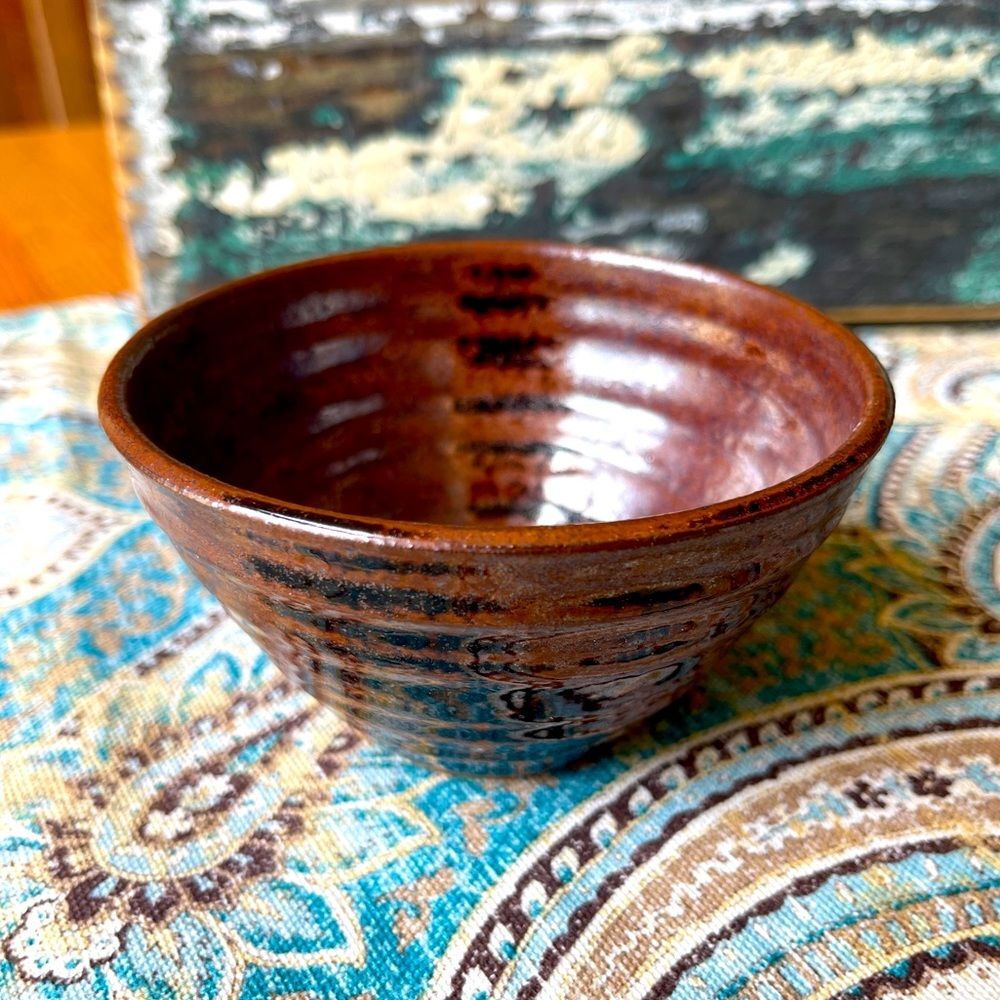 Pottery Trinket Dish Jewelry Ring Bowl Signed Handmade Brown Glazed Ceramic